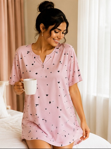 Women’s Pink Heart Print Short Sleeve Night Suit Set